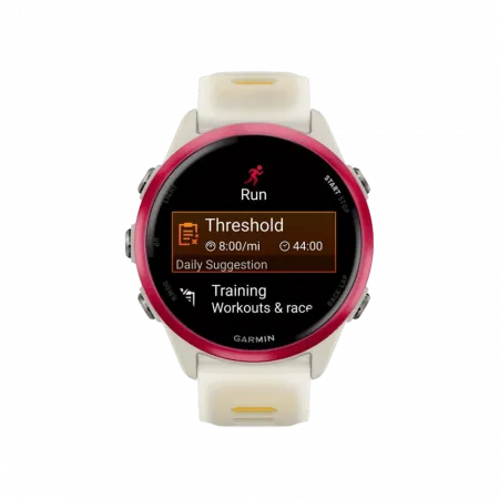 Смарт-годинник Garmin Forerunner 570 42мм Raspberry Aluminum з Translucent Bone/Mango світло-бежевим силіконовим ремінцем