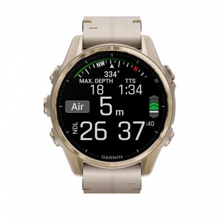 Смарт-годинник Garmin Fenix 8 43мм, AMOLED Sapphire, Soft Gold з Limestone сірим шкіряним ремінцем