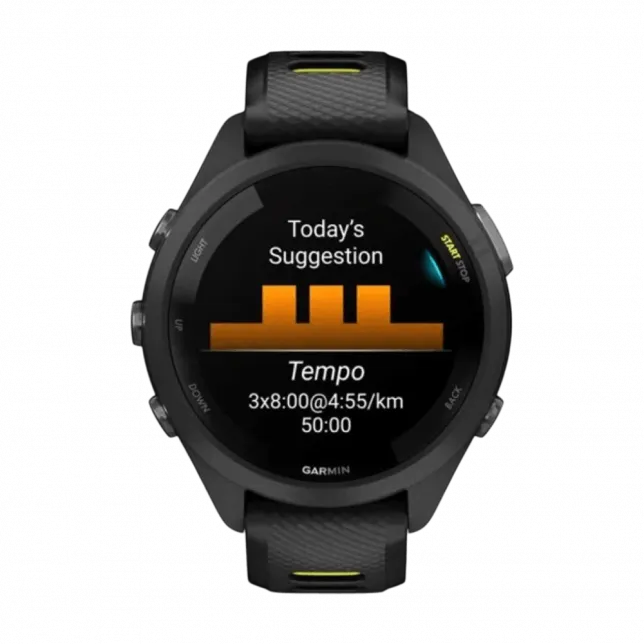 Смарт-годинник Garmin Forerunner 265S з чорним корпусом та Black/Amp Yellow чорним силіконовим ремінцем