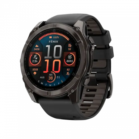 Смарт-годинник Garmin Fenix 8 51мм, AMOLED Sapphire, Carbon Grey DLC Titanium з Black/Pebble Grey чорним силіконовим ремінцем