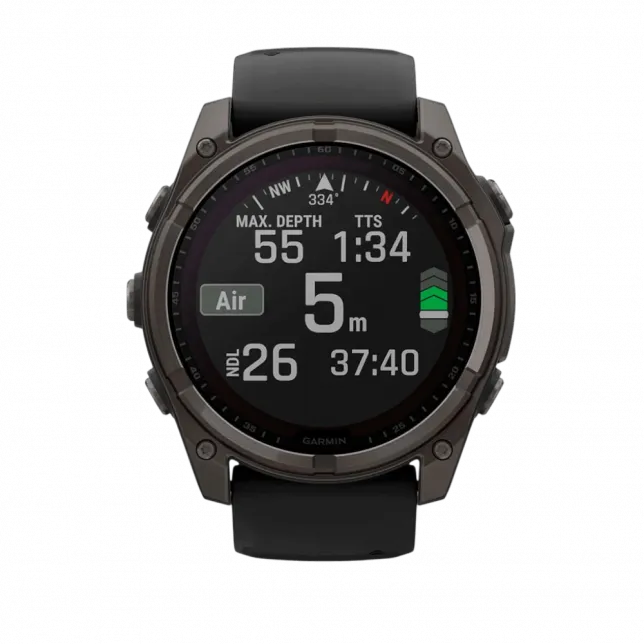 Смарт-годинник Garmin Fenix 8 51мм, Solar Sapphire, Carbon Gray DLC Titanium з Black/Pebble Gray чорним силіконовим ремінцем