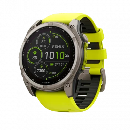 Смарт-годинник Garmin Fenix 8 51мм, Solar Sapphire, Titanium з Amp Yellow/Graphite жовтим силіконовим ремінцем