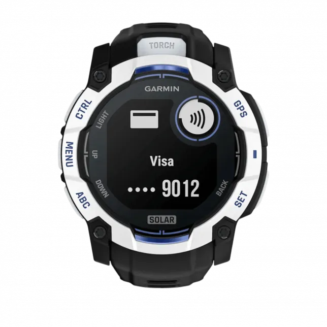 Смарт-годинник Garmin Instinct 3 50 мм, Solar Whitestone білий з Black/Bolt Blue чорним/синім силіконовим ремінцем