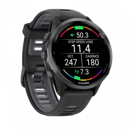 Смарт-годинник Garmin Forerunner 970 Carbon Grey DLC Titanium з Black корпусом та Black/Translucent Whitestone чорним силіконовим ремінцем
