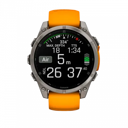 Смарт-годинник Garmin Fenix 8 47мм, AMOLED Sapphire, Titanium з Spark Orange/Graphite помаранчевим силіконовим ремінцем