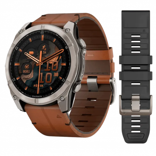 Смарт-годинник Garmin Fenix 8 51мм, AMOLED Sapphire, Titanium з Chestnut коричневим шкіряним ремінцем