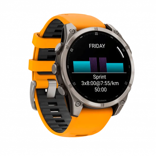 Смарт-годинник Garmin Fenix 8 47мм, AMOLED Sapphire, Titanium з Spark Orange/Graphite помаранчевим силіконовим ремінцем