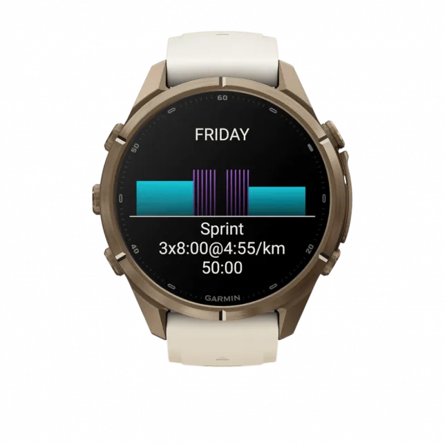 Смарт-годинник Garmin Fenix 9 Pro 43мм, Autumn Gold Titanium з Cream/French Grey бежевим силіконовим ремінцем