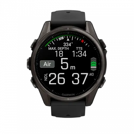 Смарт-годинник Garmin Fenix 8 43мм, AMOLED Sapphire, Carbon Grey DLC Titanium з Black/Pebble Grey чорним силіконовим ремінцем