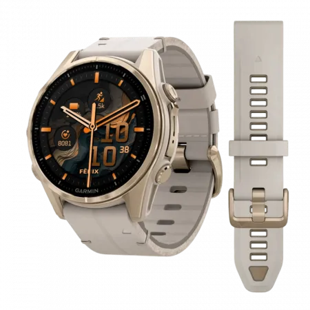 Смарт-годинник Garmin Fenix 8 43мм, AMOLED Sapphire, Soft Gold з Limestone сірим шкіряним ремінцем