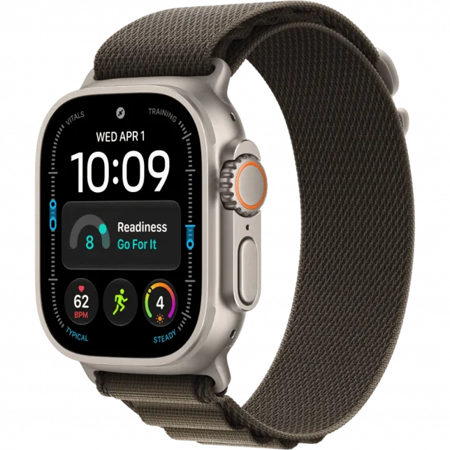 Apple Watch Ultra 4 GPS + LTE 49mm Natural Titanium Case with Dark Olive Alpine Loop - Medium (MJCR4+MK7A4)