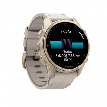 Смарт-годинник Garmin Fenix 8 43мм, AMOLED Sapphire, Soft Gold з Limestone сірим шкіряним ремінцем