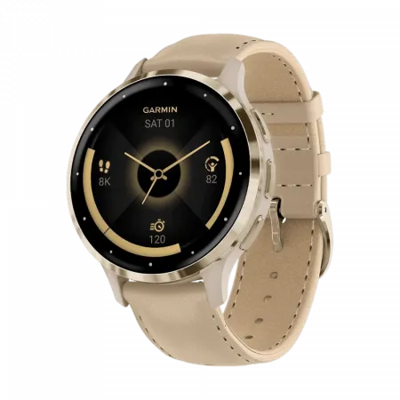 Смарт-годинник Garmin Venu 3S Soft Gold Stainless Steel Bezel з French Gray сірим корпусом та шкіряним ремінцем