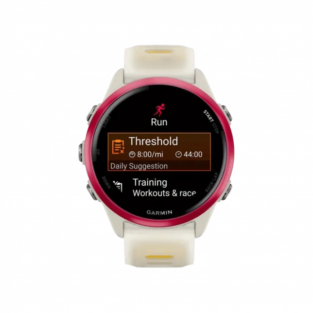 Смарт-годинник Garmin Forerunner 570 42мм Raspberry Aluminum з Translucent Bone/Mango світло-бежевим силіконовим ремінцем