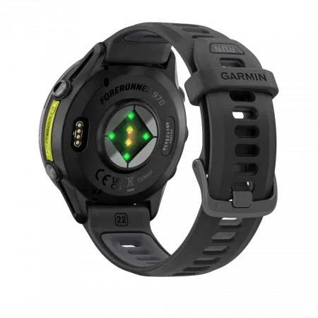 Смарт-годинник Garmin Forerunner 970 Carbon Grey DLC Titanium з Black корпусом та Black/Translucent Whitestone чорним силіконовим ремінцем