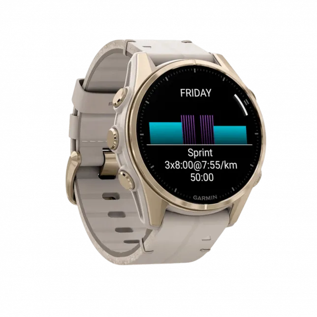 Смарт-годинник Garmin Fenix 8 43мм, AMOLED Sapphire, Soft Gold з Limestone сірим шкіряним ремінцем