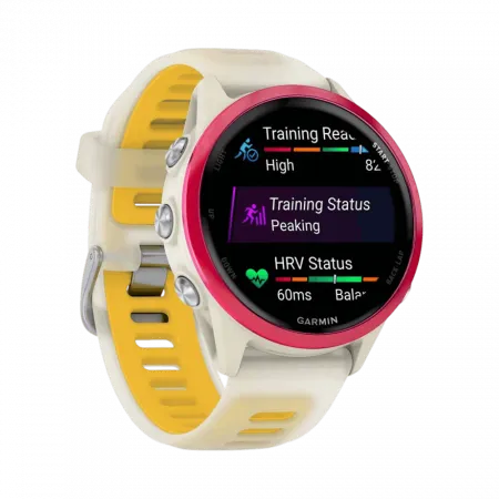 Смарт-годинник Garmin Forerunner 570 42мм Raspberry Aluminum з Translucent Bone/Mango світло-бежевим силіконовим ремінцем