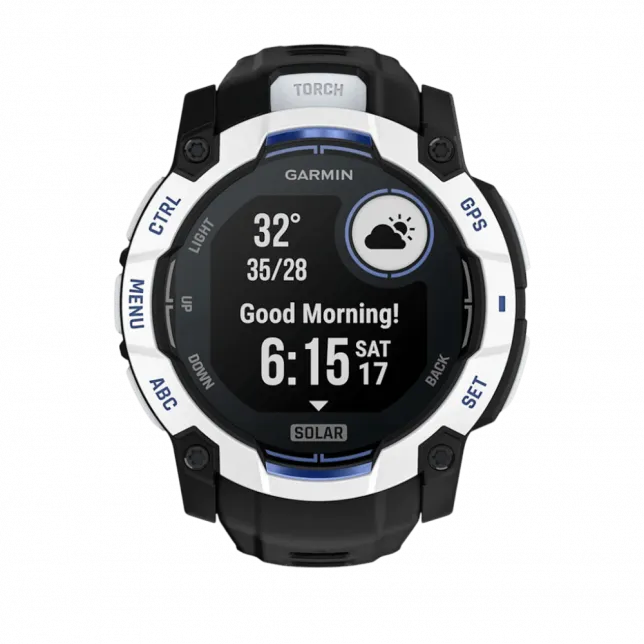 Смарт-годинник Garmin Instinct 3 50 мм, Solar Whitestone білий з Black/Bolt Blue чорним/синім силіконовим ремінцем