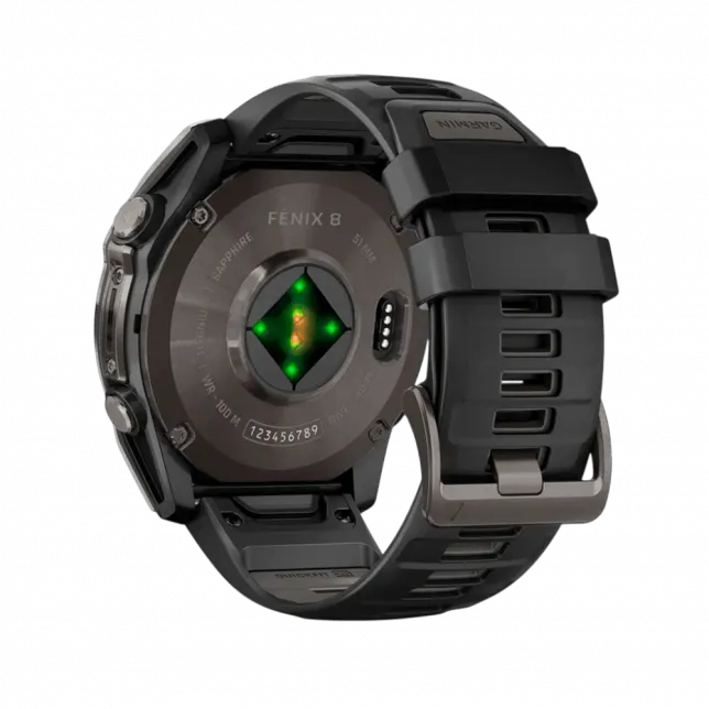 Смарт-годинник Garmin Fenix 8 51мм, AMOLED Sapphire, Carbon Grey DLC Titanium з Black/Pebble Grey чорним силіконовим ремінцем