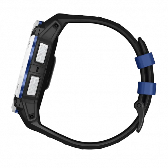 Смарт-годинник Garmin Instinct 3 50 мм, Solar Whitestone білий з Black/Bolt Blue чорним/синім силіконовим ремінцем