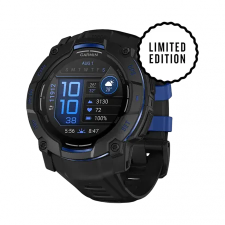 Смарт-годинник Garmin Instinct 3 50 мм, AMOLED Black чорний з Black/Bolt Blue чорним/синім силіконовим ремінцем