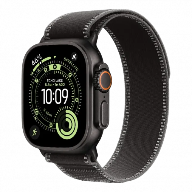 Apple Watch Ultra 3 GPS + LTE, 49mm Black Titanium Case with Black/Charcoal Trail Loop - S/M