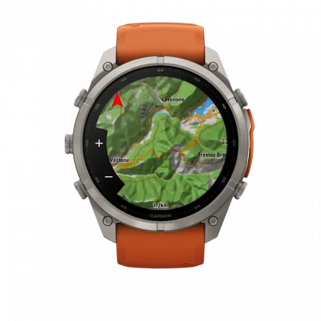 Смарт-годинник Garmin Fenix 9 Pro - inReach, 51мм Titanium з Autumn Orange/Spark Orange помаранчевим силіконовим ремінцем