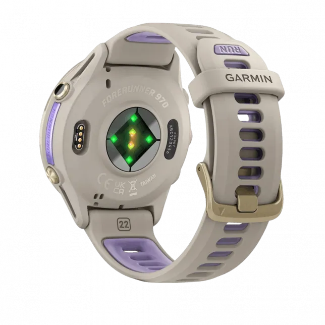 Смарт-годинник Garmin Forerunner 970 Soft Gold Titanium з French Grey корпусом та French Grey/Translucent Indigo сірим силіконовим ремінцем