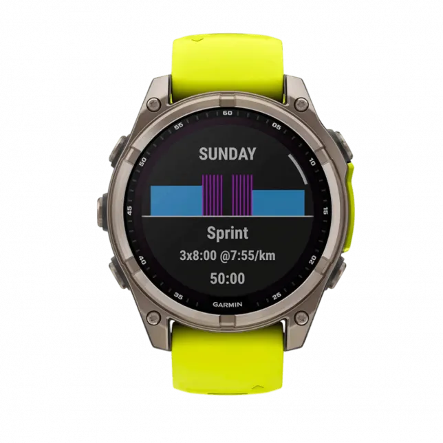 Смарт-годинник Garmin Fenix 8 47мм, Solar Sapphire, Titanium з Amp Yellow/Graphite жовтим силіконовим ремінцем
