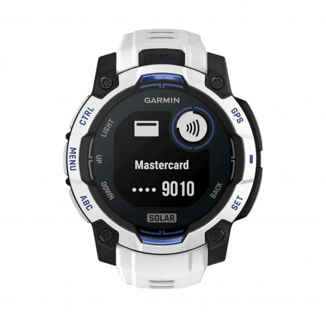 Смарт-годинник Garmin Instinct 3 45 мм, Solar Whitestone білий з Whitestone/Bolt Blue білим/синім силіконовим ремінцем
