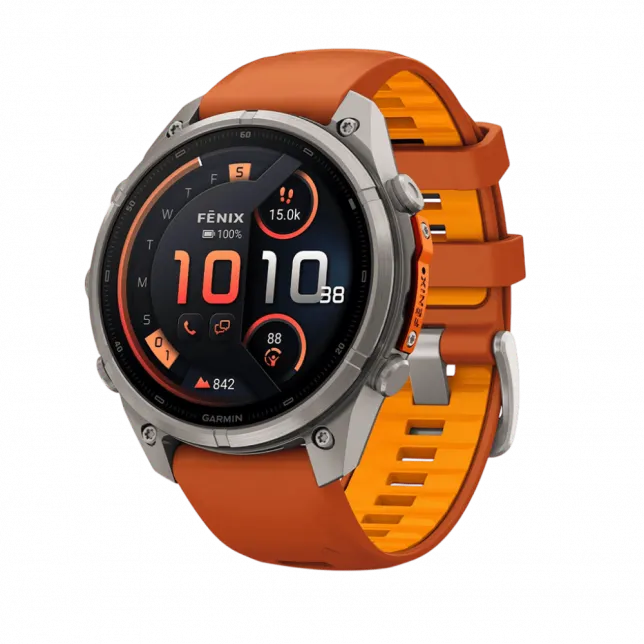 Смарт-годинник Garmin Fenix 9 Pro - inReach, 47мм Titanium з Autumn Orange/Spark Orange помаранчевим силіконовим ремінцем