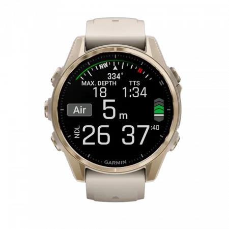 Смарт-годинник Garmin Fenix 8 43мм, AMOLED Sapphire, Soft Gold з Fog Gray/Dark Sandstone сірим силіконовим ремінцем