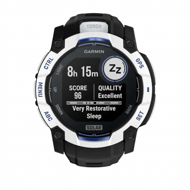 Смарт-годинник Garmin Instinct 3 50 мм, Solar Whitestone білий з Black/Bolt Blue чорним/синім силіконовим ремінцем