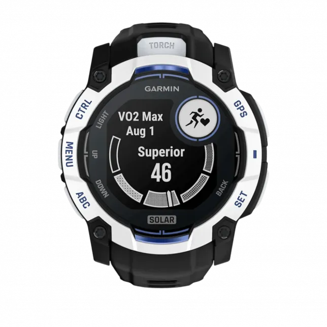 Смарт-годинник Garmin Instinct 3 50 мм, Solar Whitestone білий з Black/Bolt Blue чорним/синім силіконовим ремінцем
