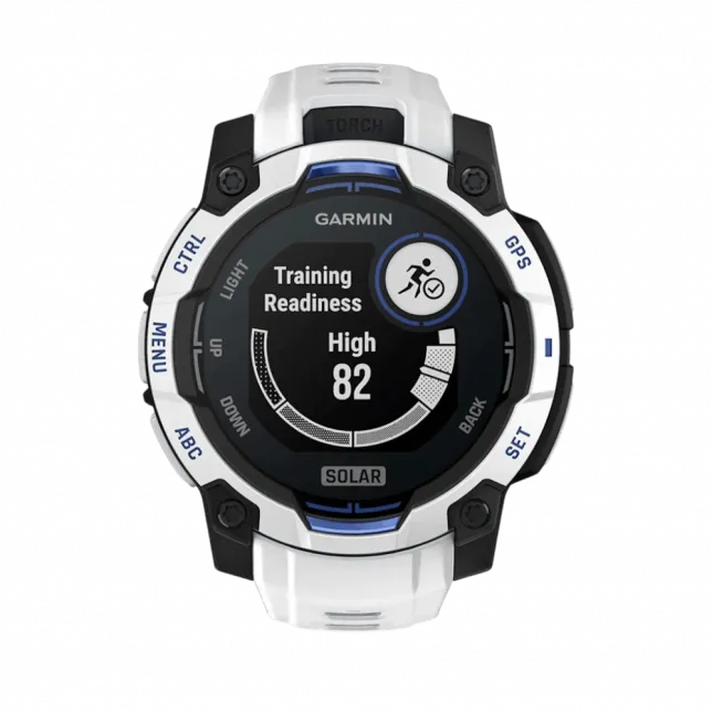 Смарт-годинник Garmin Instinct 3 45 мм, Solar Whitestone білий з Whitestone/Bolt Blue білим/синім силіконовим ремінцем
