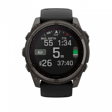 Смарт-годинник Garmin Fenix 8 51мм, Solar Sapphire, Carbon Gray DLC Titanium з Black/Pebble Gray чорним силіконовим ремінцем