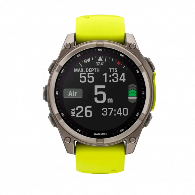 Смарт-годинник Garmin Fenix 8 47мм, Solar Sapphire, Titanium з Amp Yellow/Graphite жовтим силіконовим ремінцем