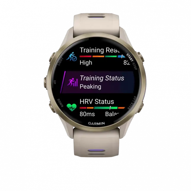 Смарт-годинник Garmin Forerunner 970 Soft Gold Titanium з French Grey корпусом та French Grey/Translucent Indigo сірим силіконовим ремінцем