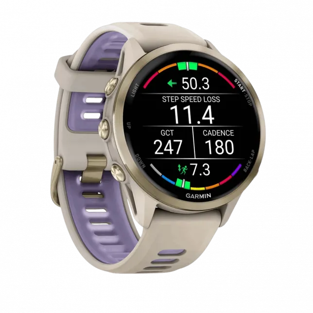 Смарт-годинник Garmin Forerunner 970 Soft Gold Titanium з French Grey корпусом та French Grey/Translucent Indigo сірим силіконовим ремінцем