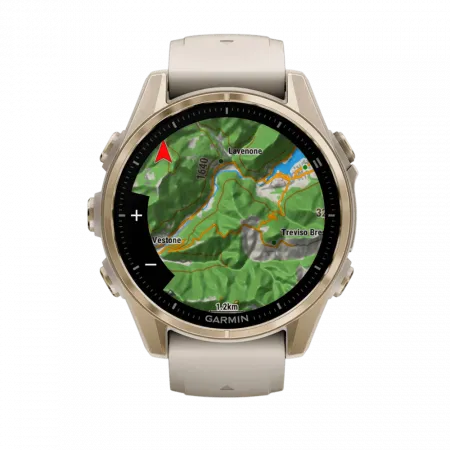Смарт-годинник Garmin Fenix 8 43мм, AMOLED Sapphire, Soft Gold з Fog Gray/Dark Sandstone сірим силіконовим ремінцем