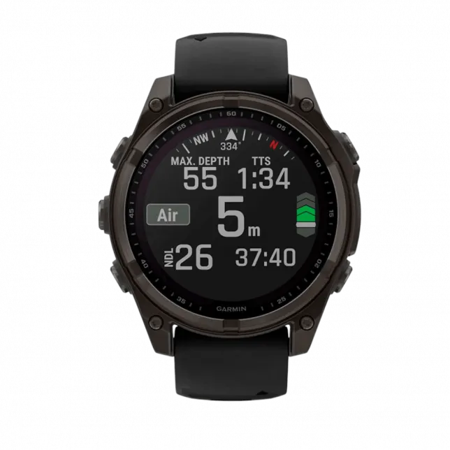 Смарт-годинник Garmin Fenix 8 47мм, Solar Sapphire, Carbon Grey DLC Titanium з Black/Pebble Grey чорним силіконовим ремінцем