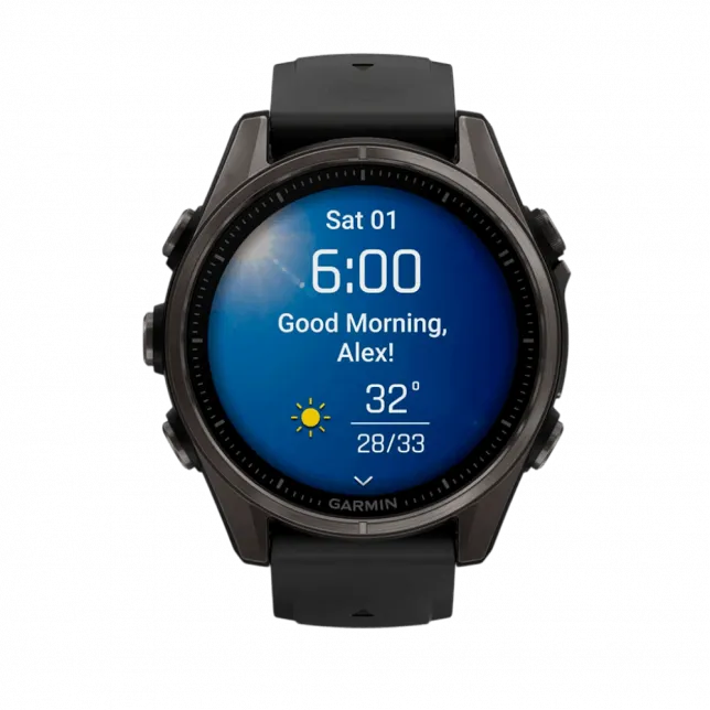 Смарт-годинник Garmin Fenix 8 43мм, AMOLED Sapphire, Carbon Grey DLC Titanium з Black/Pebble Grey чорним силіконовим ремінцем