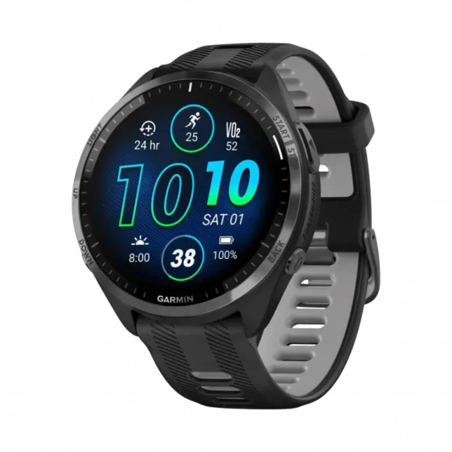 Смарт-годинник Garmin Forerunner 965 Carbon Grey DLC Titanium Bezel з чорним корпусом та Black/Powder Grey силіконовим ремінцем