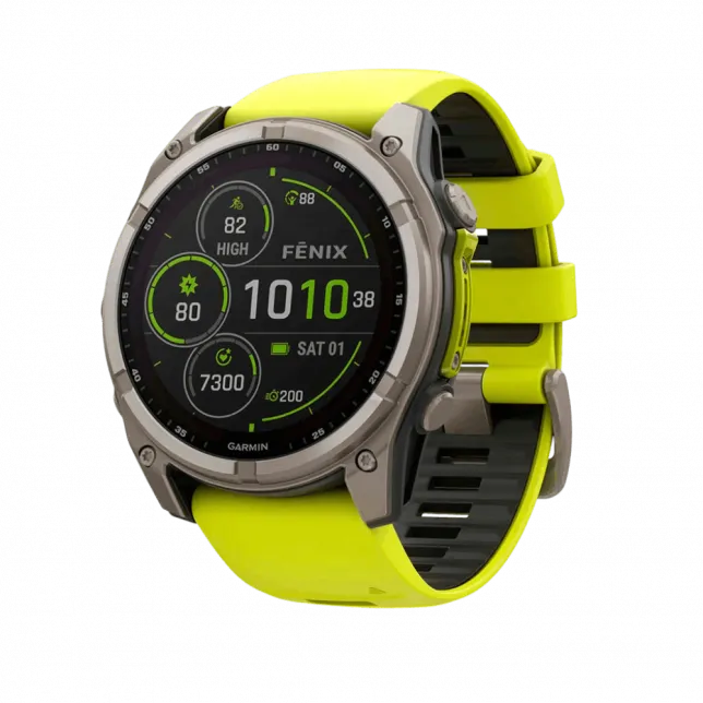 Смарт-годинник Garmin Fenix 8 51мм, Solar Sapphire, Titanium з Amp Yellow/Graphite жовтим силіконовим ремінцем