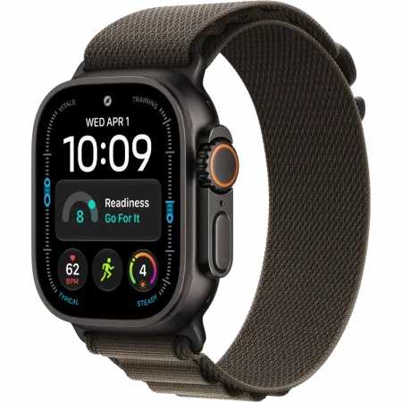 Apple Watch Ultra 4 GPS + LTE 49mm Black Titanium Case with Dark Olive Alpine Loop - Medium (MJCT4+MKDX4)