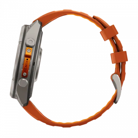Смарт-годинник Garmin Fenix 9 Pro - inReach, 47мм Titanium з Autumn Orange/Spark Orange помаранчевим силіконовим ремінцем