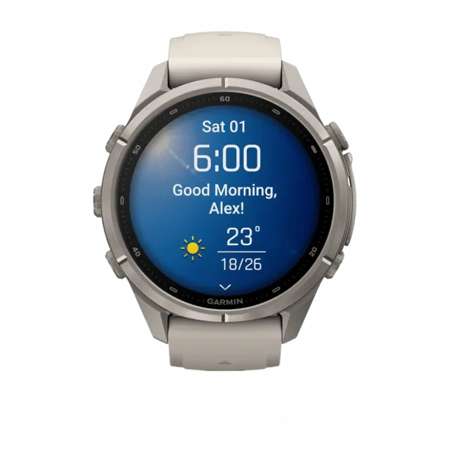 Смарт-годинник Garmin Fenix 9 Pro 43мм, Titanium з Fog Grey/Dark Sandstone сірим/темно сірим силіконовим ремінцем