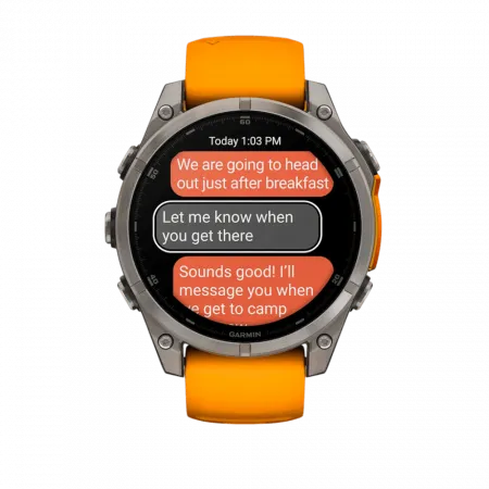 Смарт-годинник Garmin Fenix 8 47мм, AMOLED Sapphire, Titanium з Spark Orange/Graphite помаранчевим силіконовим ремінцем