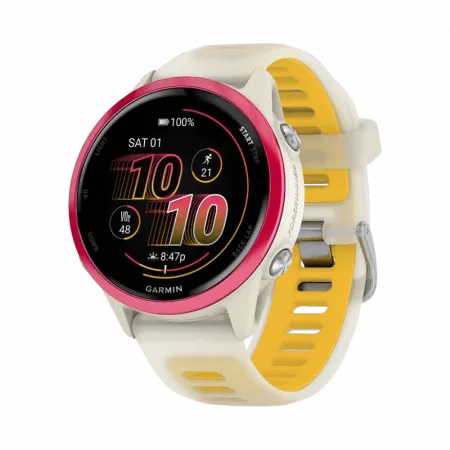 Смарт-годинник Garmin Forerunner 570 42мм Raspberry Aluminum з Translucent Bone/Mango світло-бежевим силіконовим ремінцем