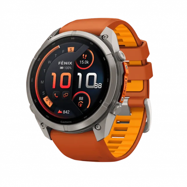 Смарт-годинник Garmin Fenix 9 Pro - inReach, 51мм Titanium з Autumn Orange/Spark Orange помаранчевим силіконовим ремінцем